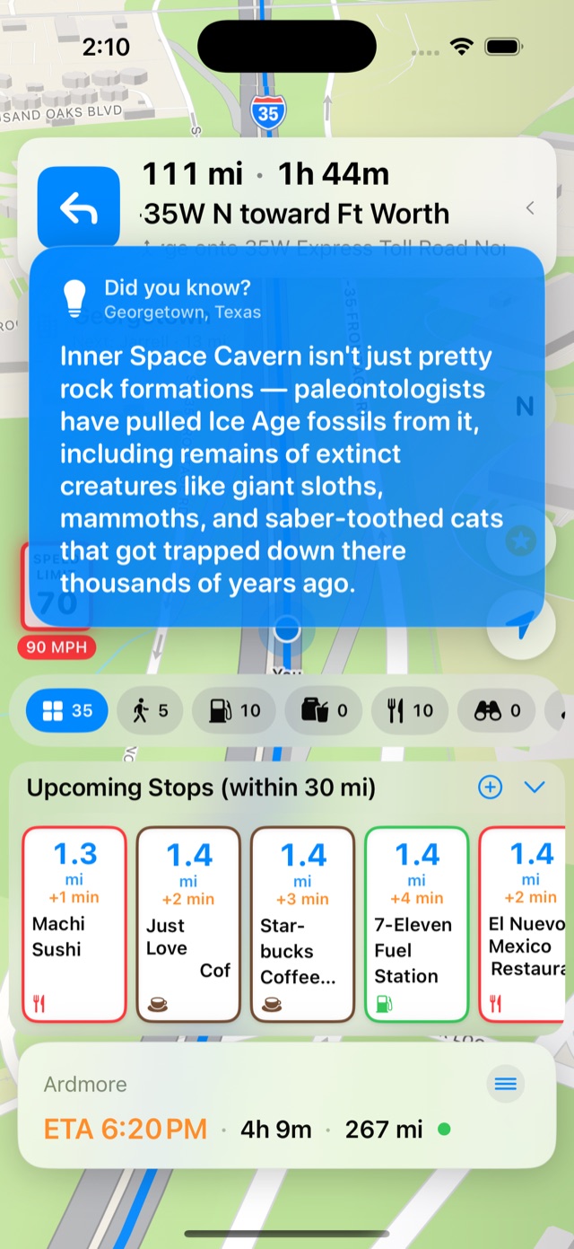 Did you know card about Georgetown, Texas describing Ice Age fossils found in Inner Space Cavern, shown over the live navigation map
