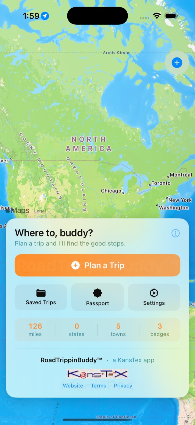 Road Trippin' Buddy home screen asking Where to, buddy? with Plan a Trip button and lifetime stats: 126 miles, 5 towns, 3 badges