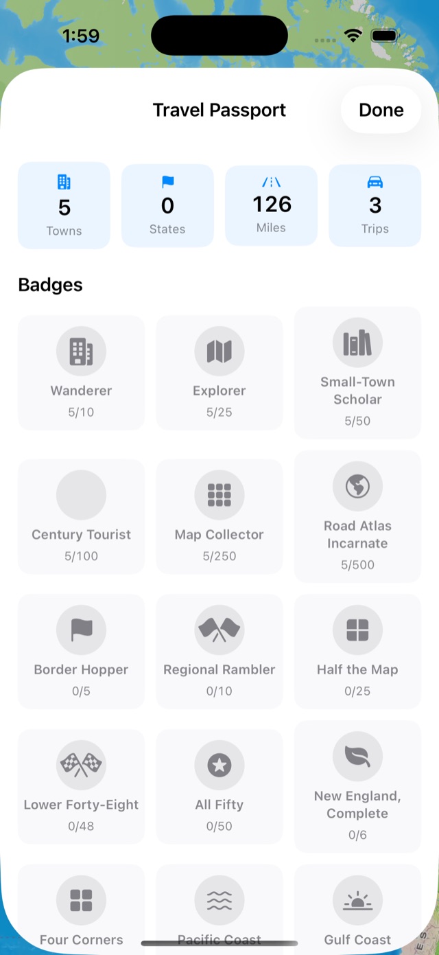 Travel Passport screen with towns, states, miles and trips stats plus a badge case including Wanderer, Explorer and Small-Town Scholar