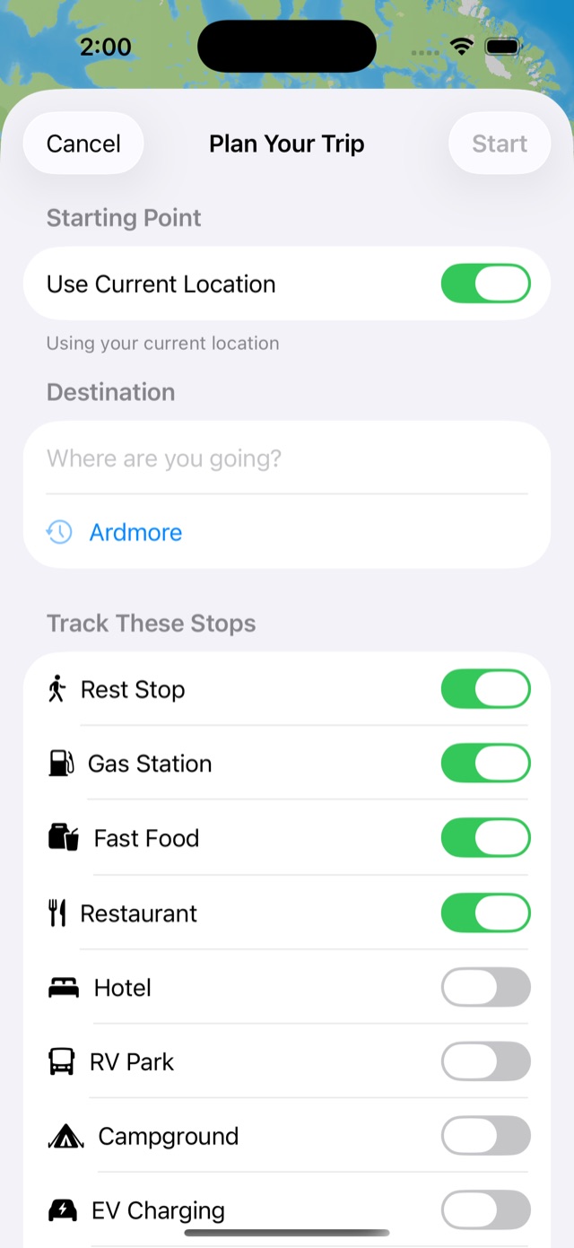 Plan Your Trip screen with toggles for the stop types to track: rest stops, gas, fast food, restaurants, hotels, RV parks, campgrounds and EV charging