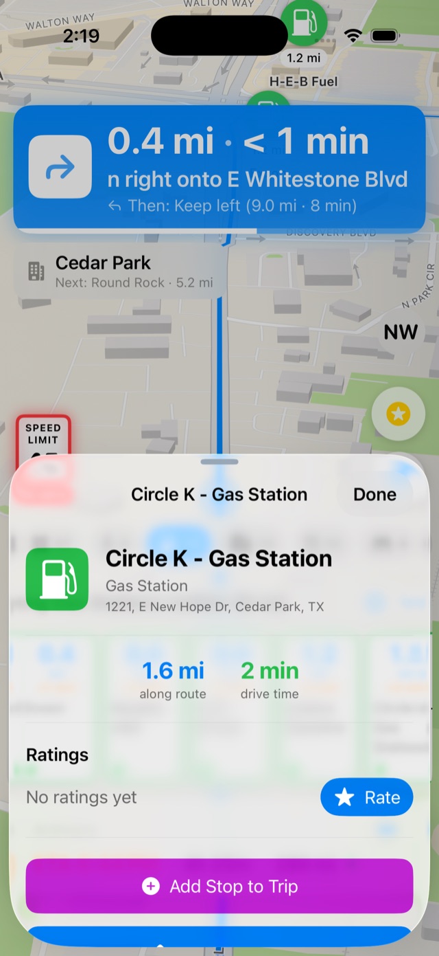 Stop detail sheet for a Circle K gas station showing 1.6 miles along route, 2 minute drive time, community ratings and an Add Stop to Trip button