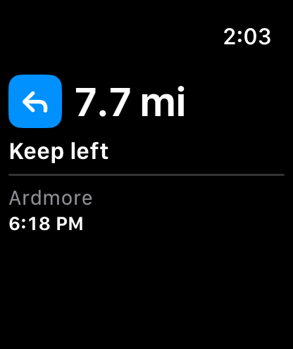 Apple Watch turn card in blue: keep left in 7.7 miles