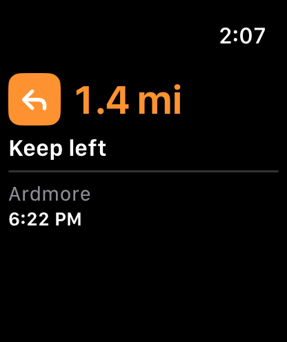 Apple Watch turn card in orange: keep left in 1.4 miles